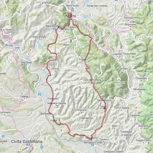 Miniatura della mappa di ispirazione al ciclismo "Rotta cicloturistica tra Stimigliano e Narni" nella regione di Umbria, Italy. Generata da Tarmacs.app, pianificatore di rotte ciclistiche