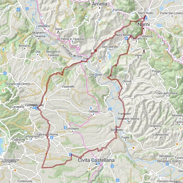 Map miniature of "Gravel Adventure: Fabrica di Roma" cycling inspiration in Umbria, Italy. Generated by Tarmacs.app cycling route planner