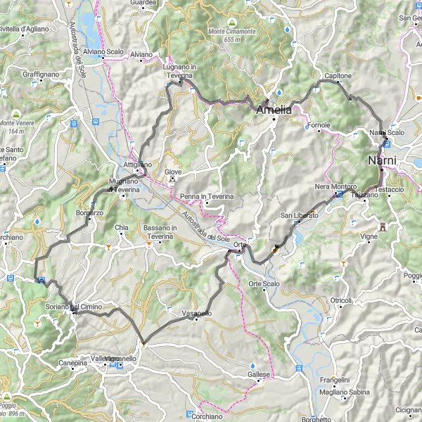Miniatura della mappa di ispirazione al ciclismo "Avventura su due ruote tra Poggio Pelato e Narni Scalo" nella regione di Umbria, Italy. Generata da Tarmacs.app, pianificatore di rotte ciclistiche