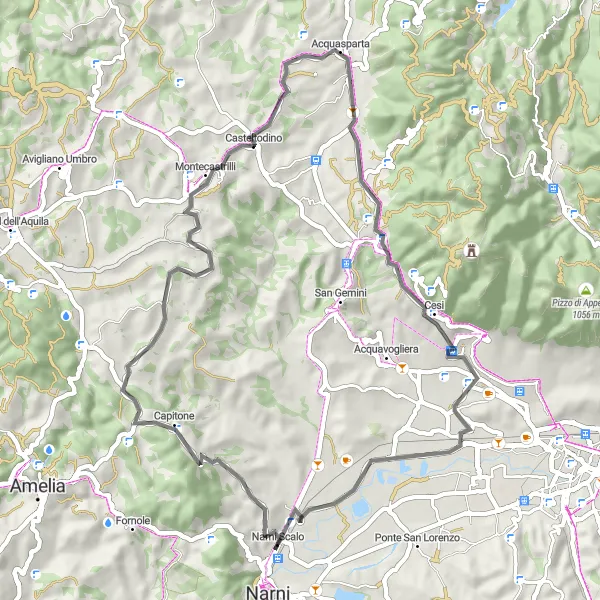 Miniatura della mappa di ispirazione al ciclismo "Percorso Stradale tra Monte Arnata e Poggio Azzuano" nella regione di Umbria, Italy. Generata da Tarmacs.app, pianificatore di rotte ciclistiche