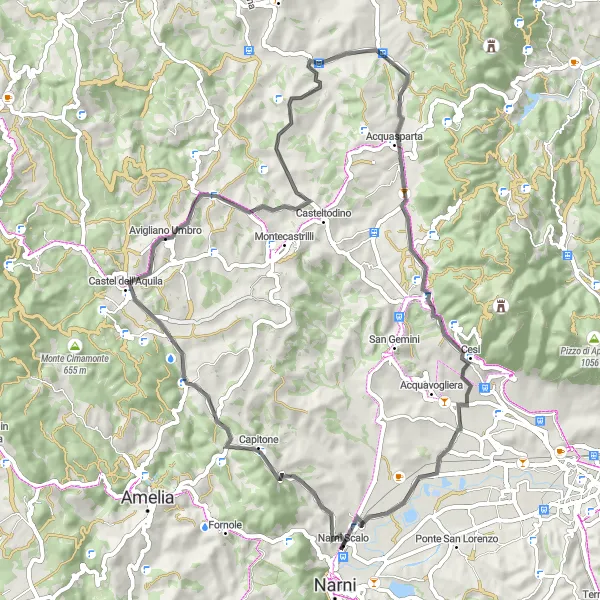Miniatura della mappa di ispirazione al ciclismo "Giro in bicicletta intorno a Narni Scalo" nella regione di Umbria, Italy. Generata da Tarmacs.app, pianificatore di rotte ciclistiche