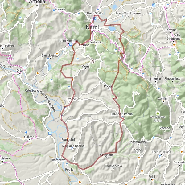 Miniatura della mappa di ispirazione al ciclismo "Esplorazione delle colline umbre" nella regione di Umbria, Italy. Generata da Tarmacs.app, pianificatore di rotte ciclistiche