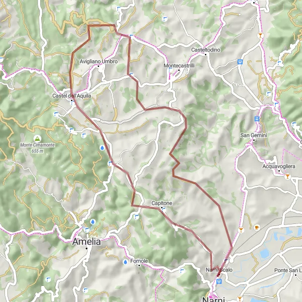 Miniatura della mappa di ispirazione al ciclismo "Tra natura e storia: itinerario nell'Umbria rurale" nella regione di Umbria, Italy. Generata da Tarmacs.app, pianificatore di rotte ciclistiche