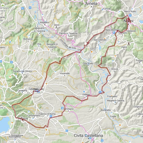 Miniatura della mappa di ispirazione al ciclismo "Un'avventura in Gravel da Orte a Narni" nella regione di Umbria, Italy. Generata da Tarmacs.app, pianificatore di rotte ciclistiche