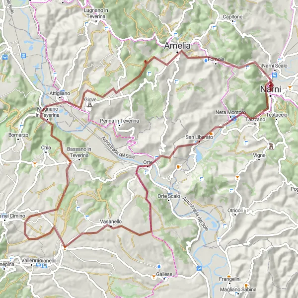 Miniatura della mappa di ispirazione al ciclismo "Alla Scoperta di Orte, Vasanello e Narni" nella regione di Umbria, Italy. Generata da Tarmacs.app, pianificatore di rotte ciclistiche
