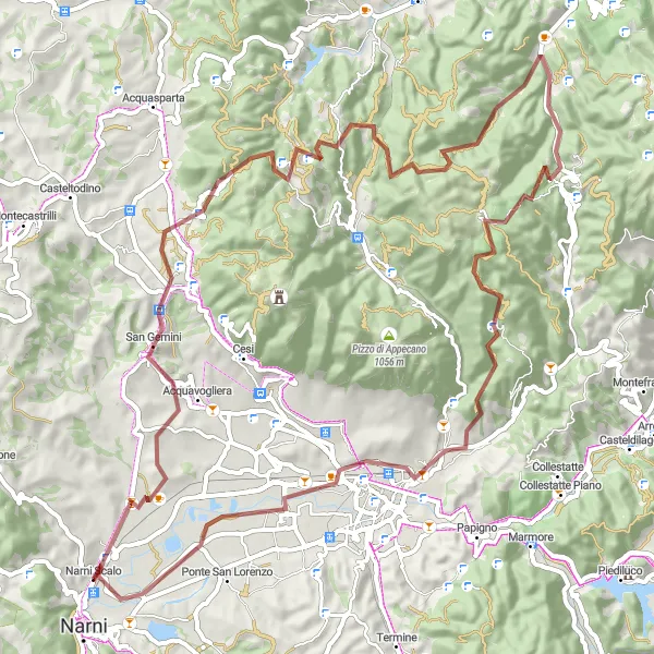 Miniatura della mappa di ispirazione al ciclismo "Dalle Terre di San Gemini al Passo della Somma" nella regione di Umbria, Italy. Generata da Tarmacs.app, pianificatore di rotte ciclistiche