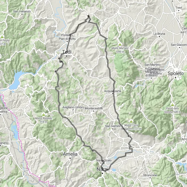 Map miniature of "Road Cycling Expedition around Narni" cycling inspiration in Umbria, Italy. Generated by Tarmacs.app cycling route planner