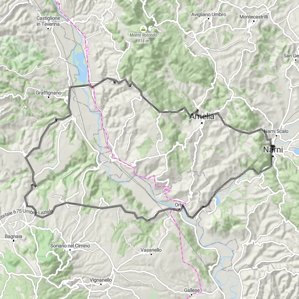 Miniatura della mappa di ispirazione al ciclismo "Giro panoramico tra arte e natura" nella regione di Umbria, Italy. Generata da Tarmacs.app, pianificatore di rotte ciclistiche