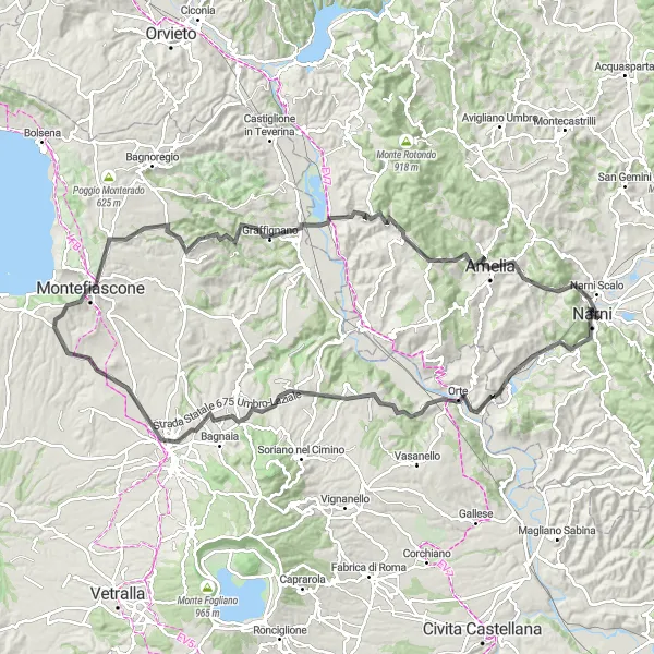 Miniatura della mappa di ispirazione al ciclismo "Avventura e sfide lungo il percorso" nella regione di Umbria, Italy. Generata da Tarmacs.app, pianificatore di rotte ciclistiche