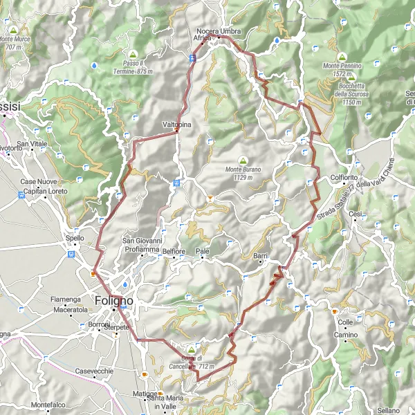 Map miniature of "Gravel Ride to Monte dei Grilli" cycling inspiration in Umbria, Italy. Generated by Tarmacs.app cycling route planner
