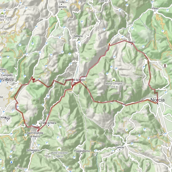 Map miniature of "Norcia to Poggio Canavindola Gravel Route" cycling inspiration in Umbria, Italy. Generated by Tarmacs.app cycling route planner