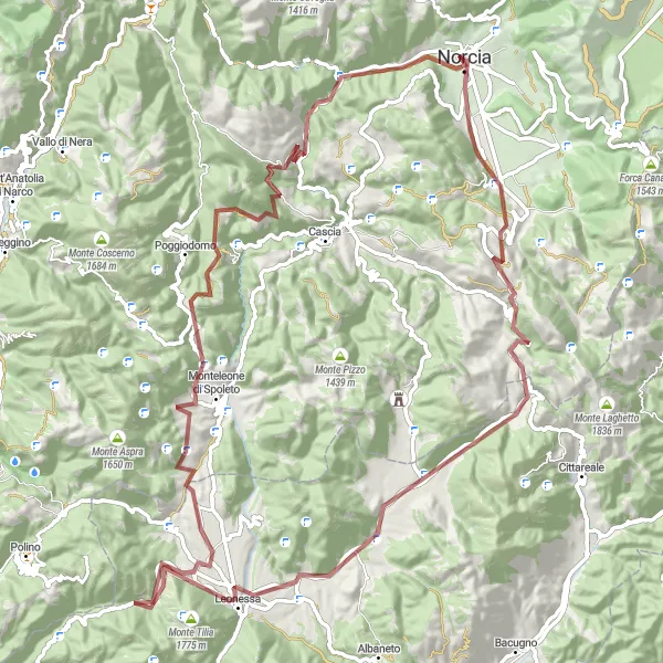 Miniatura della mappa di ispirazione al ciclismo "Cicloescursione tra Monte Caefischi e Villa Ciavatta" nella regione di Umbria, Italy. Generata da Tarmacs.app, pianificatore di rotte ciclistiche