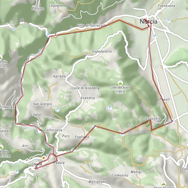 Miniatura della mappa di ispirazione al ciclismo "Avventura in Gravel da Norcia a Serravalle" nella regione di Umbria, Italy. Generata da Tarmacs.app, pianificatore di rotte ciclistiche