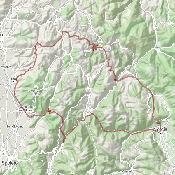 Miniatura della mappa di ispirazione al ciclismo "Esplorazione gravel da Norcia a Rasiglia" nella regione di Umbria, Italy. Generata da Tarmacs.app, pianificatore di rotte ciclistiche