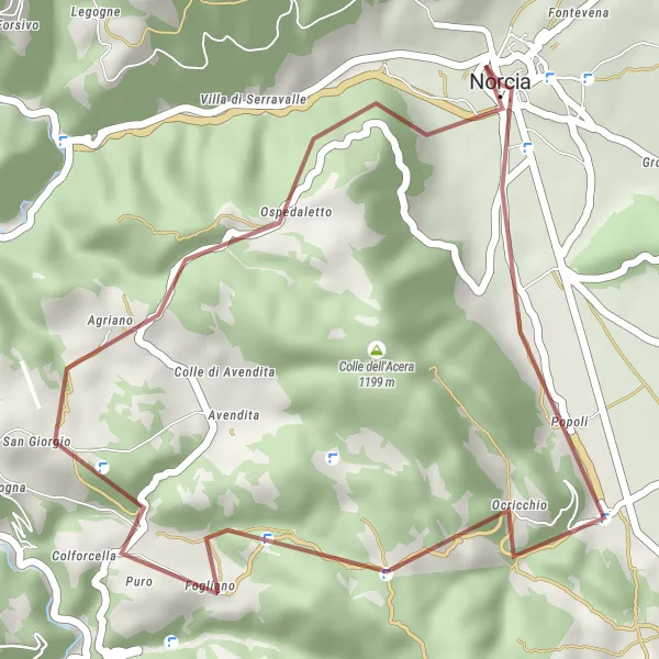 Map miniature of "Norcia Gravel Loop" cycling inspiration in Umbria, Italy. Generated by Tarmacs.app cycling route planner