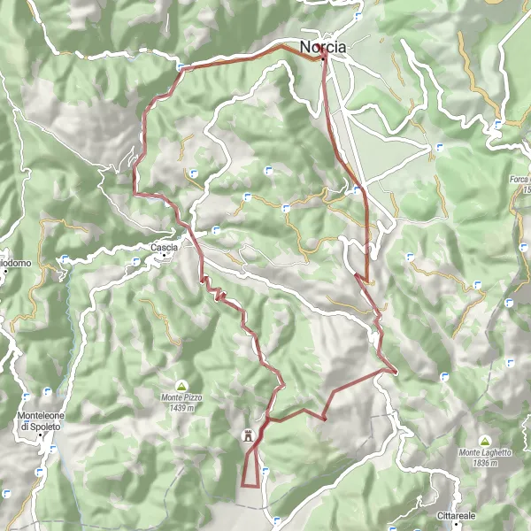 Miniatura della mappa di ispirazione al ciclismo "Esplorazione Naturale nei Dintorni di Norcia" nella regione di Umbria, Italy. Generata da Tarmacs.app, pianificatore di rotte ciclistiche