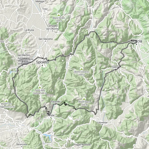 Miniatura della mappa di ispirazione al ciclismo "Ciclovia del Monte Cerreto" nella regione di Umbria, Italy. Generata da Tarmacs.app, pianificatore di rotte ciclistiche