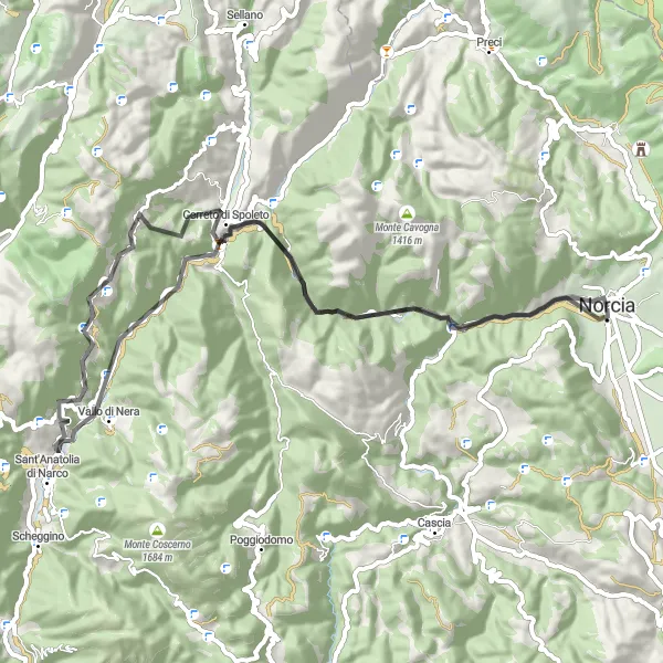 Miniatura della mappa di ispirazione al ciclismo "Giro panoramico di Vallo di Nera" nella regione di Umbria, Italy. Generata da Tarmacs.app, pianificatore di rotte ciclistiche