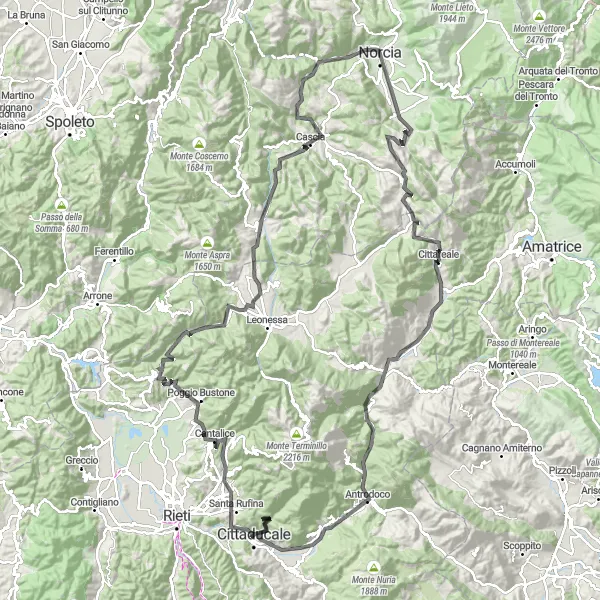 Map miniature of "Norcia to Antrodoco Challenging Road Ride" cycling inspiration in Umbria, Italy. Generated by Tarmacs.app cycling route planner