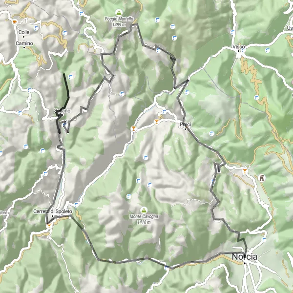 Miniatura della mappa di ispirazione al ciclismo "Giro in bici da Norcia a Sellano" nella regione di Umbria, Italy. Generata da Tarmacs.app, pianificatore di rotte ciclistiche