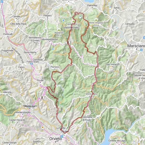 Map miniature of "The Gravel Challenge - Orvieto Scalo Loop" cycling inspiration in Umbria, Italy. Generated by Tarmacs.app cycling route planner