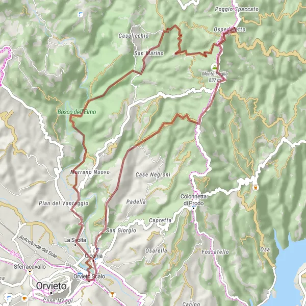 Miniatuurkaart van de fietsinspiratie "Graveltocht naar Orvieto Scalo en Monte Peglia" in Umbria, Italy. Gemaakt door de Tarmacs.app fietsrouteplanner