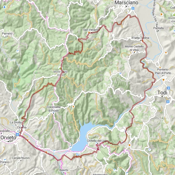 Map miniature of "The Gravel Adventure - Orvieto Scalo Loop" cycling inspiration in Umbria, Italy. Generated by Tarmacs.app cycling route planner