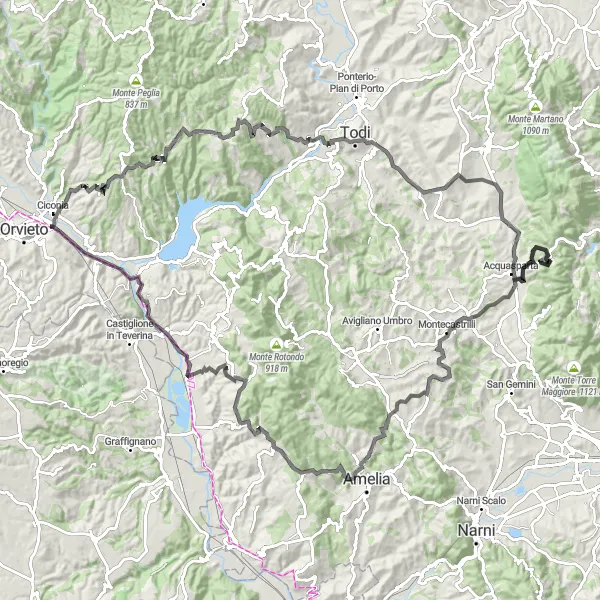 Miniatuurkaart van de fietsinspiratie "Avontuurlijke tocht naar Casteltodino en Sambucetole" in Umbria, Italy. Gemaakt door de Tarmacs.app fietsrouteplanner