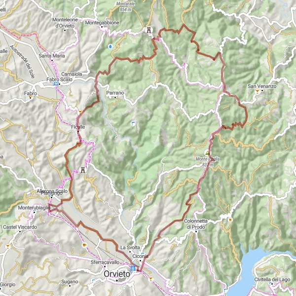 Miniatura della mappa di ispirazione al ciclismo "Tour di 84 km in Gravel tra Orvieto e Montegiove" nella regione di Umbria, Italy. Generata da Tarmacs.app, pianificatore di rotte ciclistiche