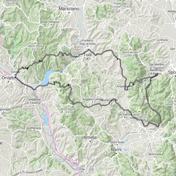 Miniatura della mappa di ispirazione al ciclismo "Giro in bici da Orvieto a Baschi Scalo" nella regione di Umbria, Italy. Generata da Tarmacs.app, pianificatore di rotte ciclistiche
