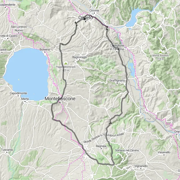 Miniatura della mappa di ispirazione al ciclismo "Avventura di 109 km tra Orvieto e Viterbo" nella regione di Umbria, Italy. Generata da Tarmacs.app, pianificatore di rotte ciclistiche