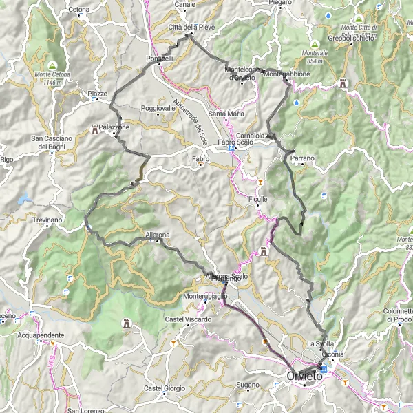 Miniatura della mappa di ispirazione al ciclismo "Giro di 101 km tra Orvieto e le colline circostanti" nella regione di Umbria, Italy. Generata da Tarmacs.app, pianificatore di rotte ciclistiche