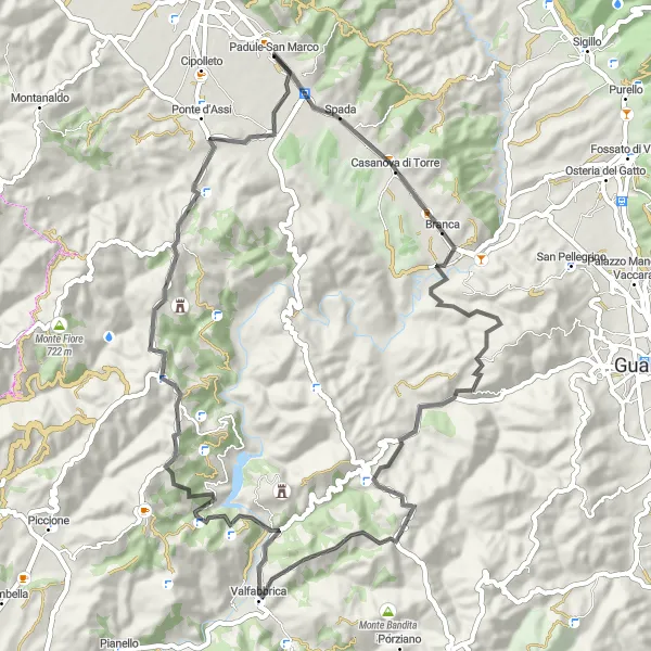Miniatura della mappa di ispirazione al ciclismo "Valli del Cantiano" nella regione di Umbria, Italy. Generata da Tarmacs.app, pianificatore di rotte ciclistiche
