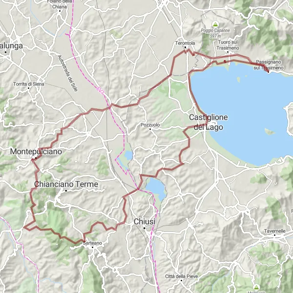 Map miniature of "Umbria Gravel Cycling: Trasimeno Lake and Beyond" cycling inspiration in Umbria, Italy. Generated by Tarmacs.app cycling route planner