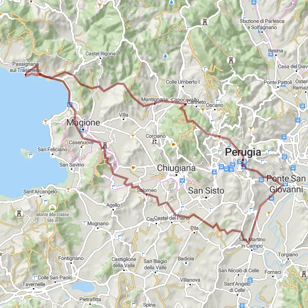 Miniatura della mappa di ispirazione al ciclismo "Circolo intorno a Passignano sul Trasimeno" nella regione di Umbria, Italy. Generata da Tarmacs.app, pianificatore di rotte ciclistiche