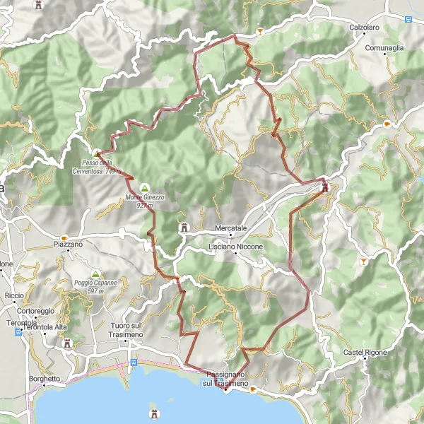 Map miniature of "Mountain Challenge: Passo della Cerventosa" cycling inspiration in Umbria, Italy. Generated by Tarmacs.app cycling route planner