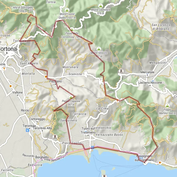 Miniatura della mappa di ispirazione al ciclismo "Avventura tra Tuoro e Monte Spino" nella regione di Umbria, Italy. Generata da Tarmacs.app, pianificatore di rotte ciclistiche