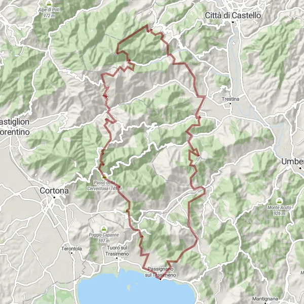 Miniatura della mappa di ispirazione al ciclismo "Sfida tra le montagne umbre" nella regione di Umbria, Italy. Generata da Tarmacs.app, pianificatore di rotte ciclistiche