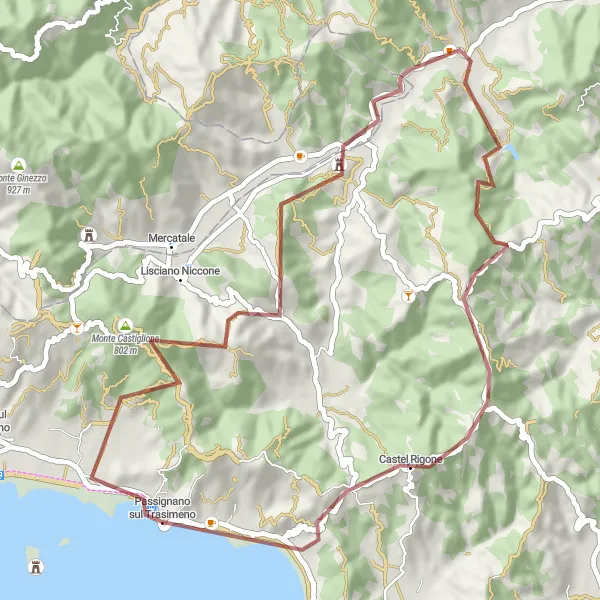 Miniatura della mappa di ispirazione al ciclismo "Tra Castelli e Cime" nella regione di Umbria, Italy. Generata da Tarmacs.app, pianificatore di rotte ciclistiche