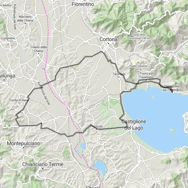 Map miniature of "Umbria Road Cycling: Trasimeno Lake Loop" cycling inspiration in Umbria, Italy. Generated by Tarmacs.app cycling route planner