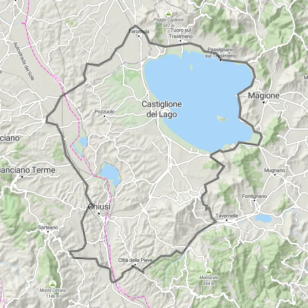 Miniatura della mappa di ispirazione al ciclismo "Giro in bicicletta intorno al Lago Trasimeno" nella regione di Umbria, Italy. Generata da Tarmacs.app, pianificatore di rotte ciclistiche