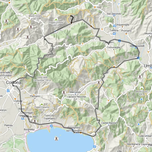 Miniatura della mappa di ispirazione al ciclismo "Il Giro dei Monti del Trasimeno" nella regione di Umbria, Italy. Generata da Tarmacs.app, pianificatore di rotte ciclistiche