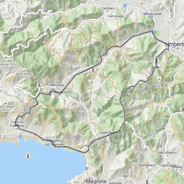 Miniatura della mappa di ispirazione al ciclismo "Scorci rurali dell'Umbria" nella regione di Umbria, Italy. Generata da Tarmacs.app, pianificatore di rotte ciclistiche