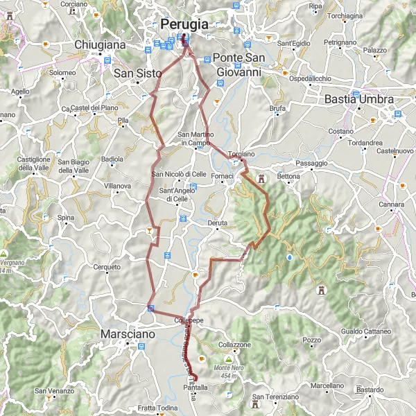 Miniatura della mappa di ispirazione al ciclismo "Gravel tra Torgiano e Perugia" nella regione di Umbria, Italy. Generata da Tarmacs.app, pianificatore di rotte ciclistiche