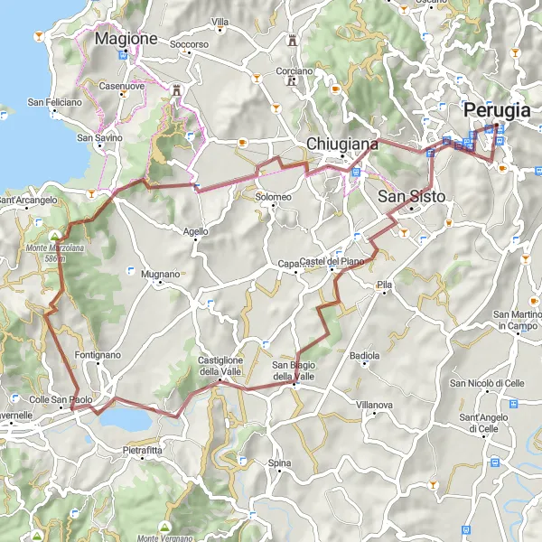 Miniatura della mappa di ispirazione al ciclismo "In sella tra Perugia e Porta Sole" nella regione di Umbria, Italy. Generata da Tarmacs.app, pianificatore di rotte ciclistiche