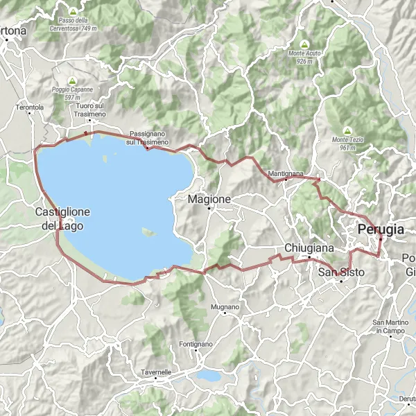 Miniatura della mappa di ispirazione al ciclismo "Trasimeno Lake Trail" nella regione di Umbria, Italy. Generata da Tarmacs.app, pianificatore di rotte ciclistiche