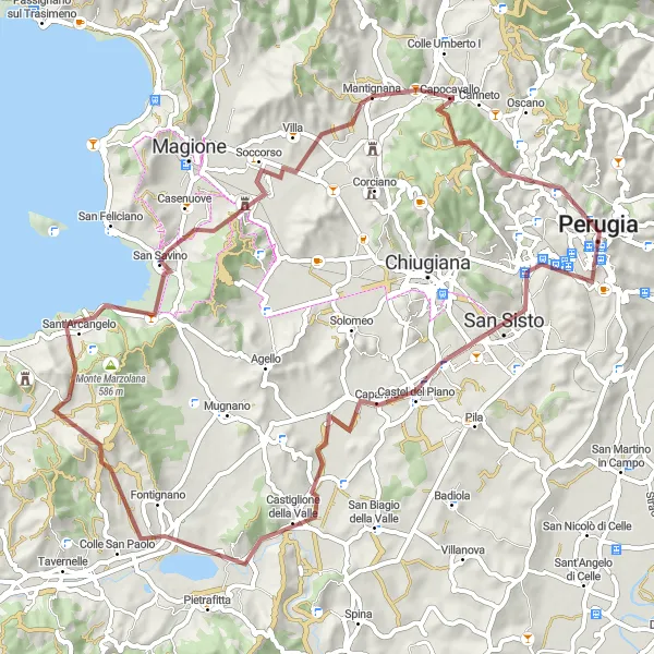 Miniatura della mappa di ispirazione al ciclismo "Tour ciclistico gravel da Perugia a San Savino passando per Capocavallo" nella regione di Umbria, Italy. Generata da Tarmacs.app, pianificatore di rotte ciclistiche