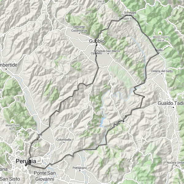 Map miniature of "Mount Ingino Challenge" cycling inspiration in Umbria, Italy. Generated by Tarmacs.app cycling route planner