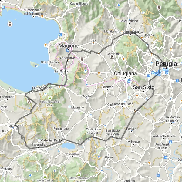 Map miniature of "Panicale Adventure" cycling inspiration in Umbria, Italy. Generated by Tarmacs.app cycling route planner