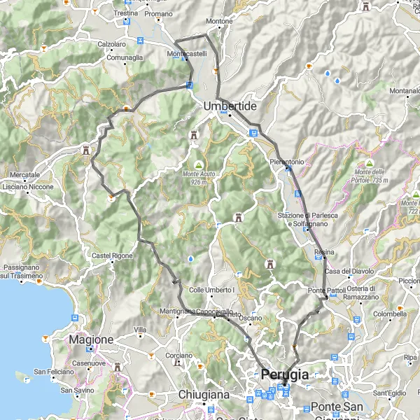 Map miniature of "Umbertide Hill Climb" cycling inspiration in Umbria, Italy. Generated by Tarmacs.app cycling route planner